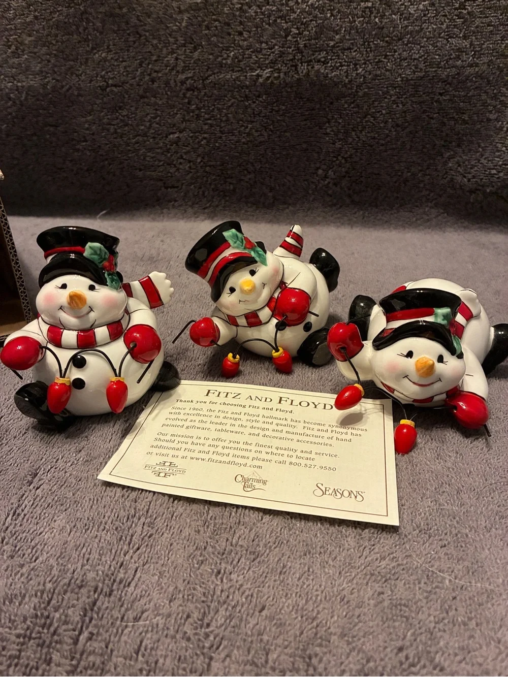 Fitz and Floyd White Snowman Trio with Red and Black Accents